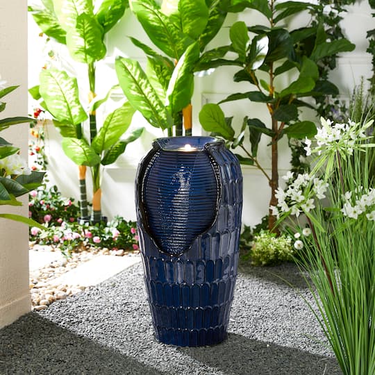Glitzhome® 28.25" LED Petals Textured Ceramic Jar Outdoor Floor Fountain